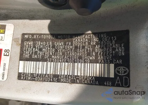 2013 Toyota Corolla L из США, поврежденный, VIN 2T1BU4EE1DC109619